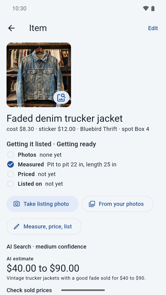 An item with its listing checklist and sale details