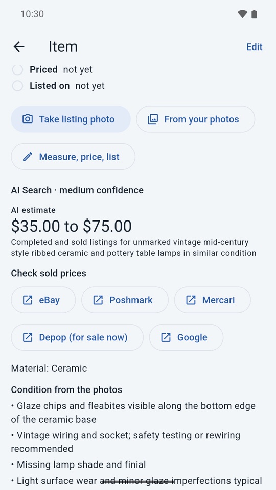 An item's AI estimate, with buttons to check sold prices on each platform