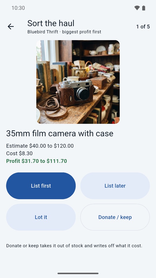 Sort the haul, one item at a time, biggest likely profit first