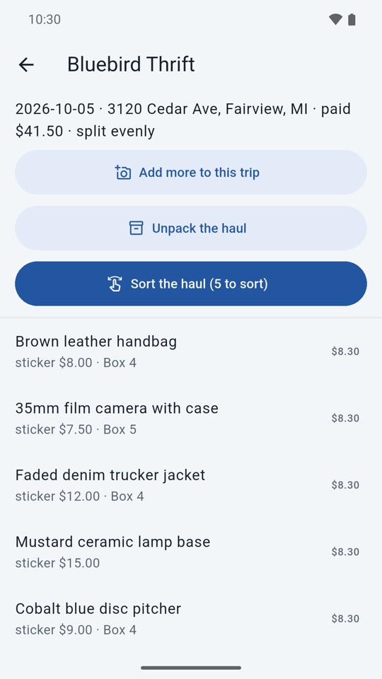 A finished buying trip with its items and cost split